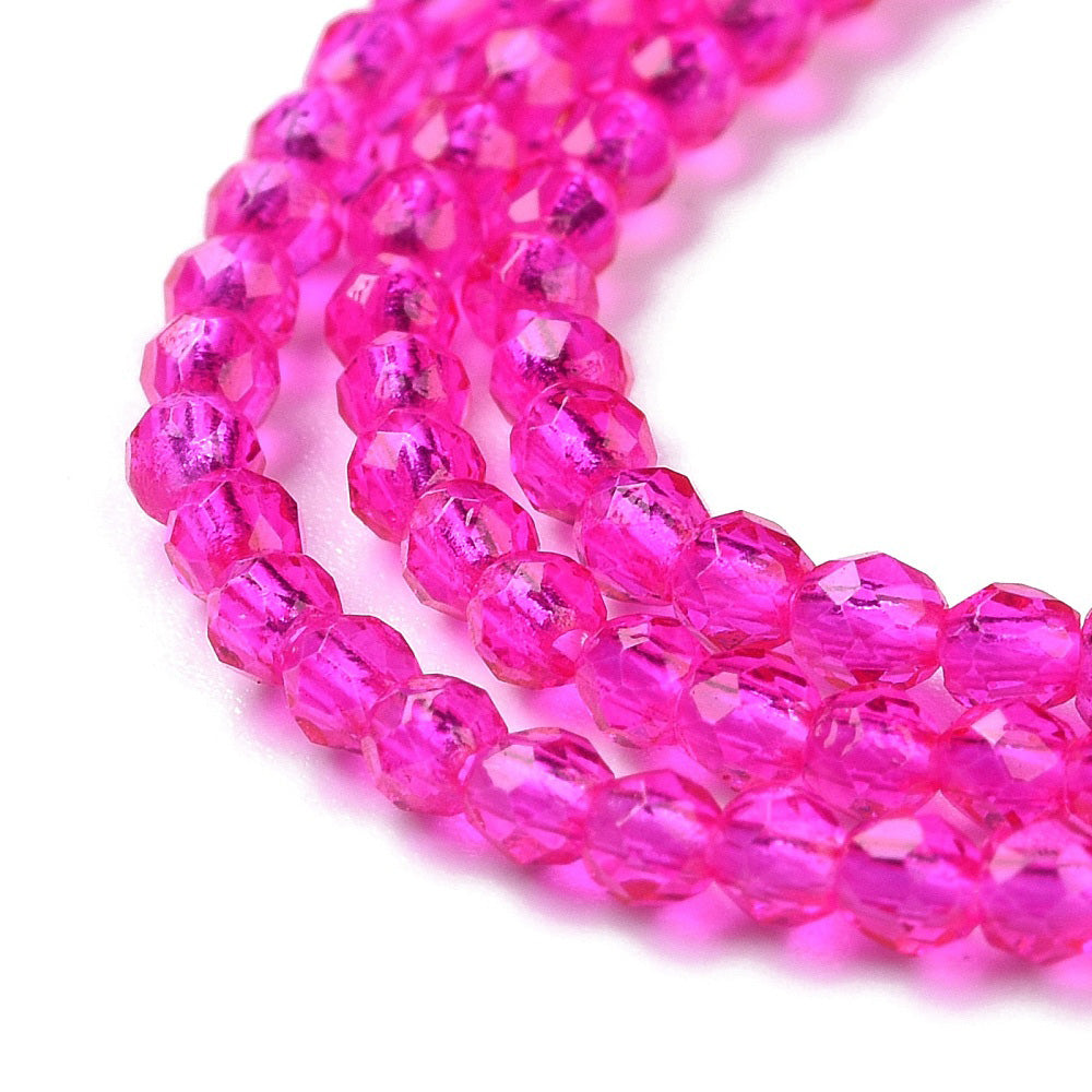 Faceted Glass Crystal Beads, Round, Transparent Magenta Pink Color Beads.

Sizes

2mm in Diameter, Hole: 0.7mm; approx. 150-165pcs/strand, 13" inches long.

Material: Transparent Faceted, Round, Magenta Color&nbsp;Glass Crystal Beads.