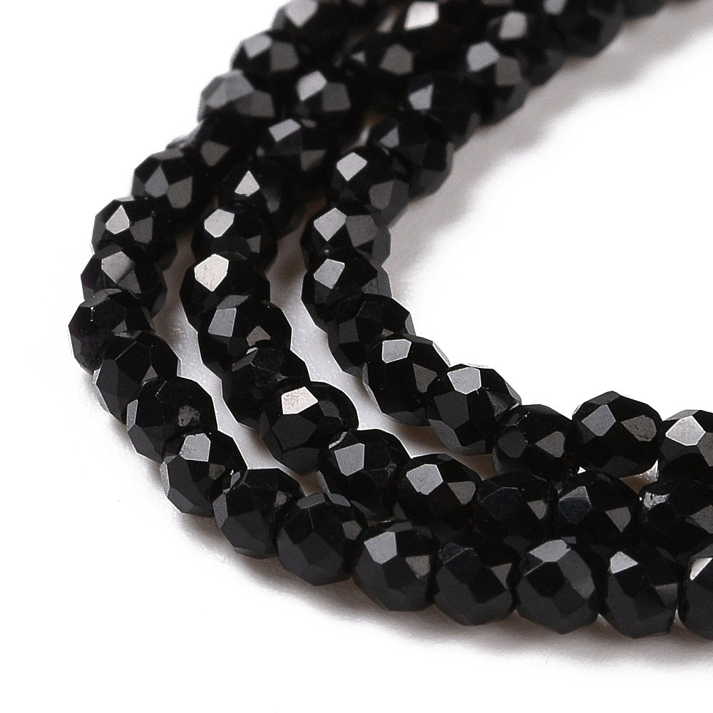Faceted Glass Crystal Beads, Round, Black Color Beads.

Size:&amp;nbsp;2mm in Diameter, Hole: 0.8mm; approx. 150-165pcs/strand, 13" inches long.

Material: Transparent Faceted, Round, Black Color Glass Crystal Beads.