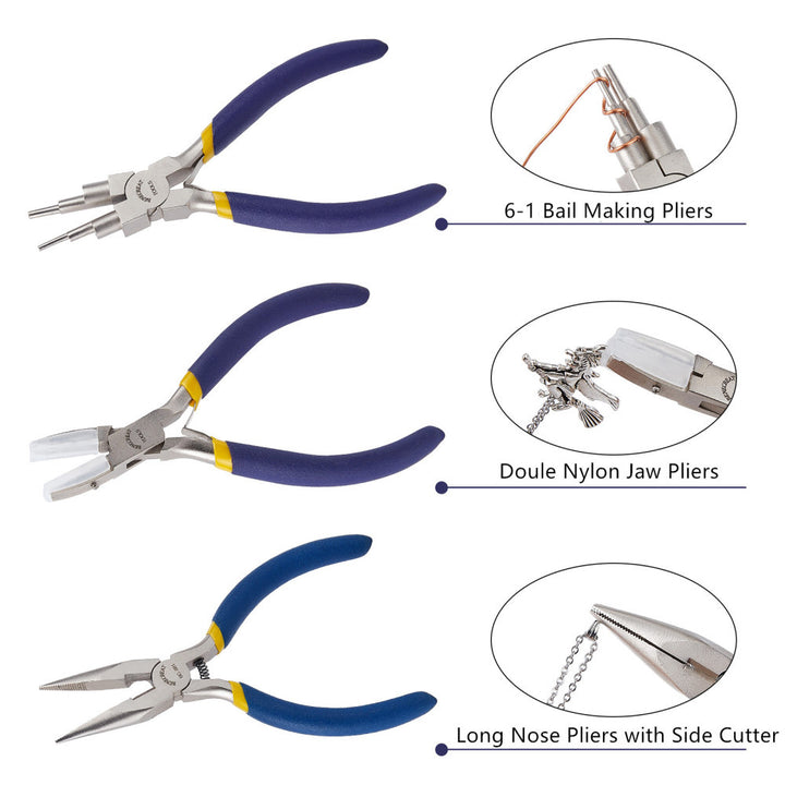 BENECREAT 3 Pieces Jewelry Plier Tool Set, 6 in 1 Bail Making Looping Pliers Double Nylon Jewelry Pliers and Chain Nose Jewelry Pliers for DIY Beading Craft Making Project.  Package Includes: 3 different pliers, bail making plier, chain nose plier, double nylon jaw plier. Perfect for both beginners or professionals 6-Step Bail Making Pliers: loops in 3mm, 4mm, 6mm, 7mm, 8mm, 10mm
