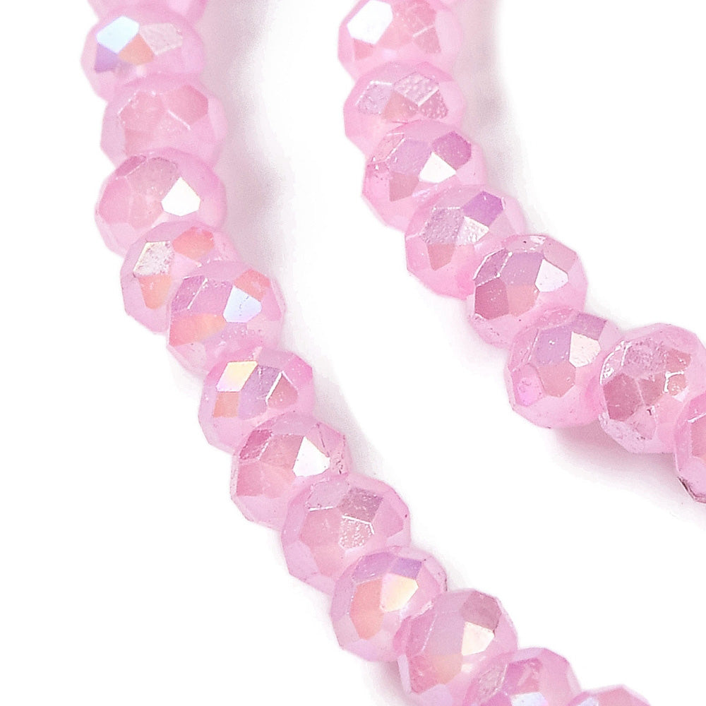 3x2mm Glass Crystal Beads, Faceted, Soft Pink, AB Color Plated