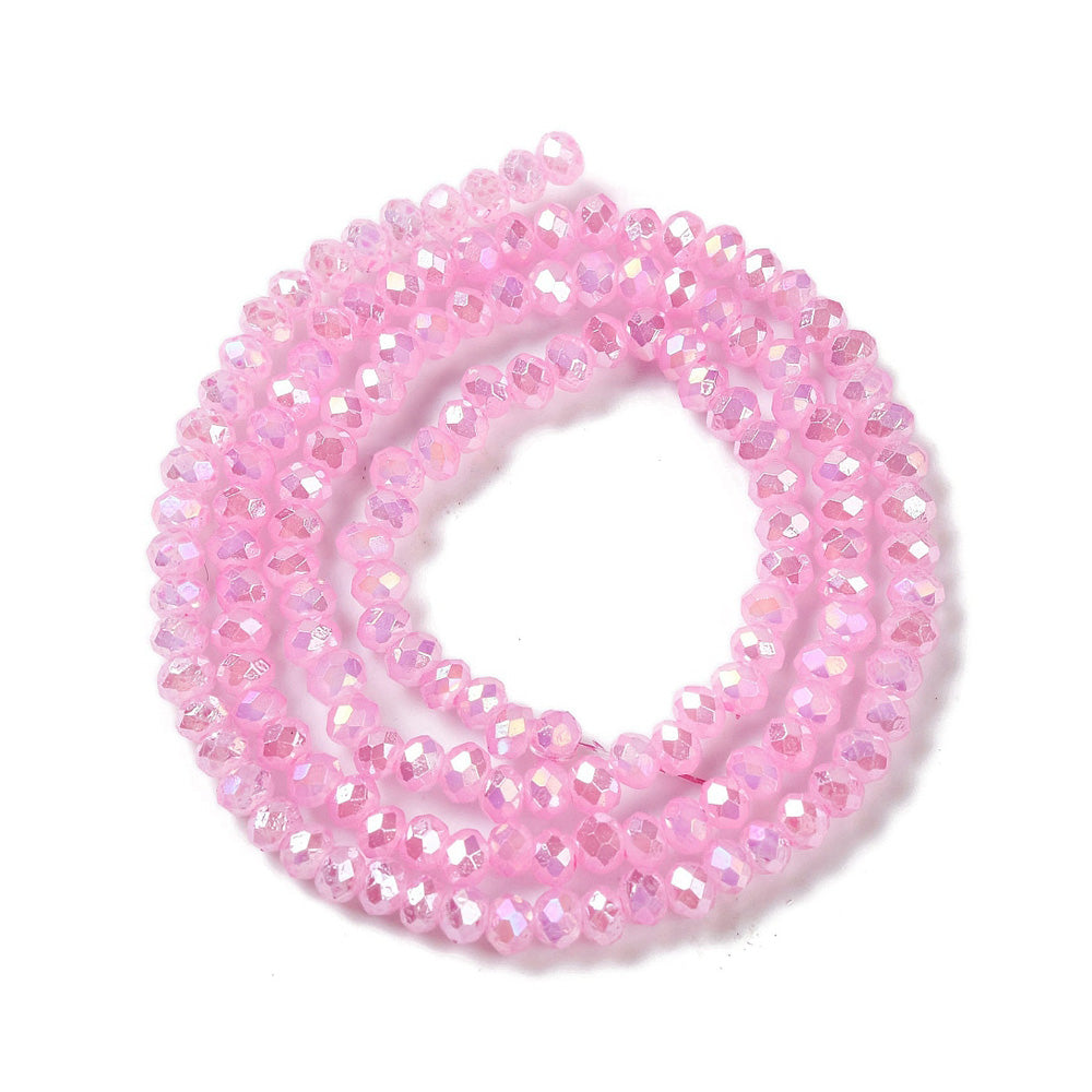 3x2mm Glass Crystal Beads, Faceted, Soft Pink, AB Color Plated