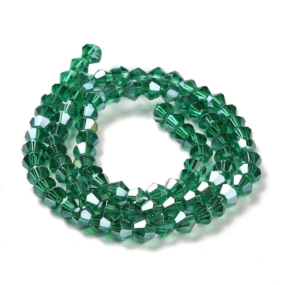 Transparent Electroplated, AB Color Plated Austrian Crystal Imitation&nbsp;Glass Crystal Beads, Bicone, Teal Green Color.