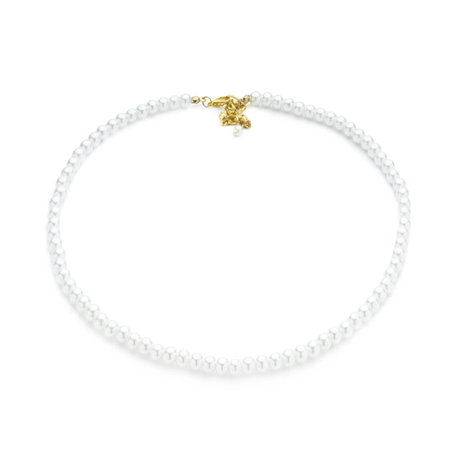 This timeless White Pearl Beaded Necklace is made with 6mm glass pearl beads, antique gold jewelry findings, chain extender and clasp. Hand strung on strong nylon thread cord, this 16" long necklace combines sophistication and style. Great for special occasions and weddings or just everyday wear.    Size: 16" Length with 6mm Beads and 2" Chain Extender.  Material: Glass Pearl Beads