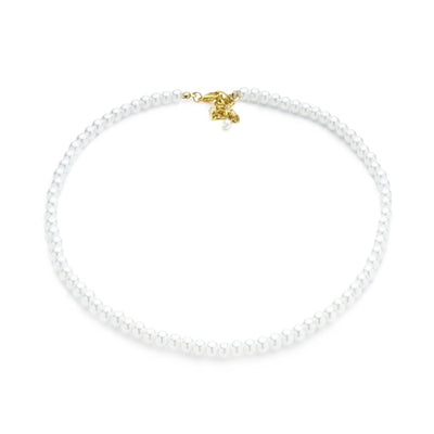 This timeless White Pearl Beaded Necklace is made with 6mm glass pearl beads, antique gold jewelry findings, chain extender and clasp. Hand strung on strong nylon thread cord, this 16" long necklace combines sophistication and style. Great for special occasions and weddings or just everyday wear.    Size: 16" Length with 6mm Beads and 2" Chain Extender.  Material: Glass Pearl Beads