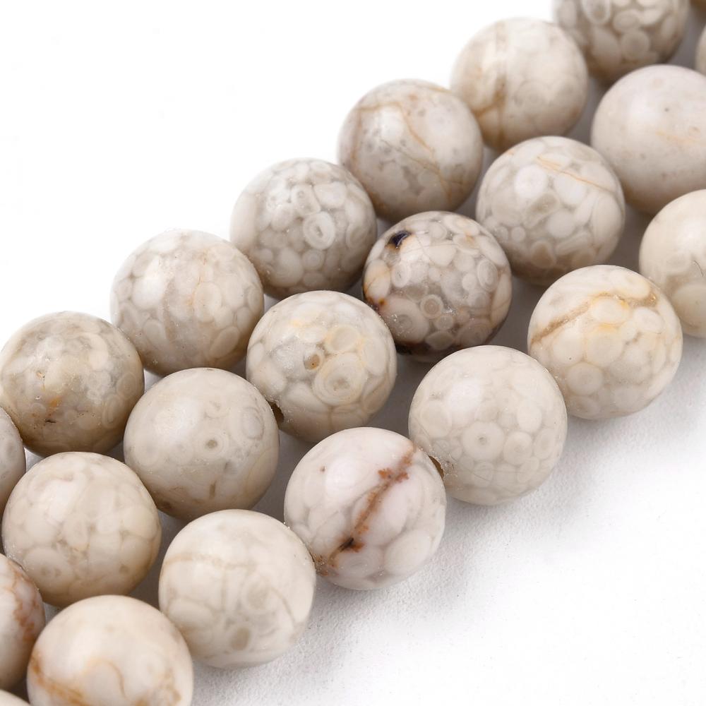 Natural Maifan Stone Beads, Round, Cream Color. Fossil Gemstone Beads for DIY Jewelry Making.   Size: 10mm Diameter, Hole: 1mm; approx. 37-38pcs/strand, 15" Inches Long.  Material: Natural Maifanite/Maifan Stone Beads. Fossilized. Greyish Cream Color with Brown Markings. Polished Finish.