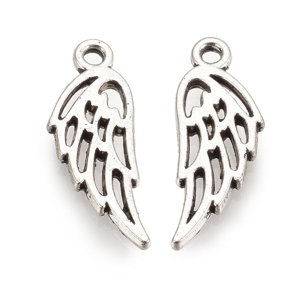 Alloy Angel Wing Charms, Antique Silver Colored Wings Charm for DIY Jewelry Making.   Size: 13mm Length, 5mm Width, 1.5mm Thick, Hole: 1mm, Quantity: 10 pcs/package.  Material: Alloy (Lead and Cadmium Free) Wings Charms. Antique Silver Color. Shinny Finish.