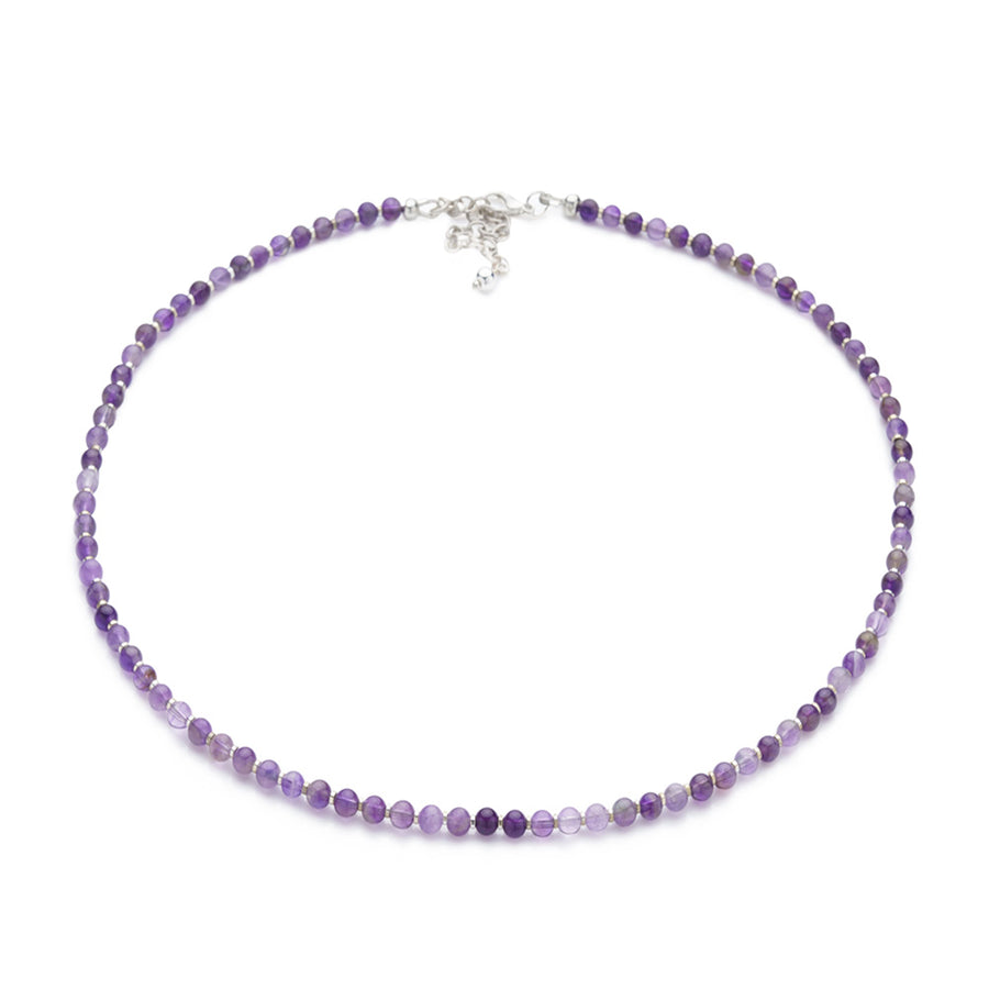 AMETHYS NECKLACE BEADED GEMSTONE NECKLACE. Hand strung with platinum silver plated  jewelry findings and a 2" extender. 16" long necklace featuring heavenly purple hues complimented with platinum silver shine.  Size: 16" Inch Necklace with 2: Extender Featuring 4mm Gemstone beads and 2mm Spacers.  Material: Natural Amethyst Gemstone, Silver plated Hematite and Alloy Jewelry Findings.