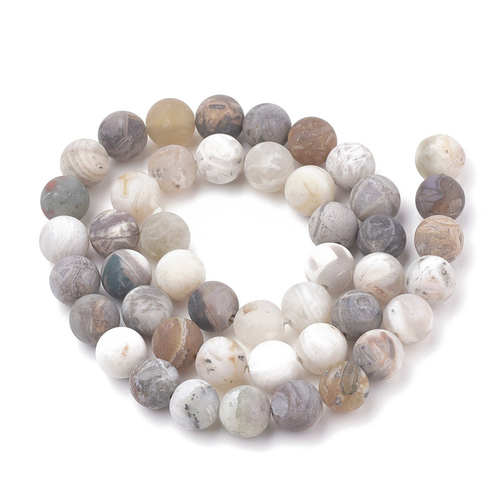 Bamboo Leaf Agate Beads Strands, Frosted, Round. Matte Bamboo Leaf Agate Gemstone Beads for DIY Beaded Jewelry Making.&nbsp;

Sizes:

4mm Diameter, Hole: 0.8mm; approx. 92pcs/strand, 15 inches.

6mm Diameter, Hole: 0.8mm; approx. 62pcs/strand, 15 inches.

8mm Diameter, Hole: 0.8mm; approx. 47pcs/strand, 15 inches.

10mm Diameter, Hole: 1mm; approx. 38pcs/strand, 15 inches.

Material: Semi-precious Matte, Frosted Agate Bamboo Leaf Beads. Unpolished Finish.