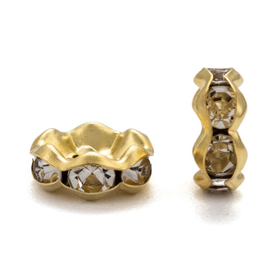 Silver Plated Brass Crystal Rondelle Rhinestone Spacer Beads, Wavy Edge, Shinny Gold Spacer Beads for DIY Jewelry Making. Add Some Shine and Sparkle to Your Creations.  Size: 8mm in Diameter, 3.5mm Thick, Hole Size: approx. 1.5mm, approx. 50pcs/bag.  Material: Brass Gold Plated Rondelle Spacer Beads. Wavy Edge. Each Spacer Bead Features 6 Clear Sparkling Mini Crystals. 