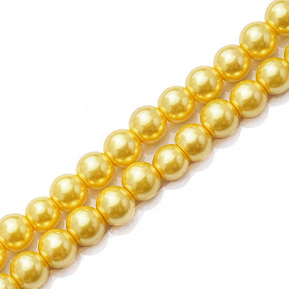 Glass pearl beads, round, golden canary yellow color pearls for jewelry making.