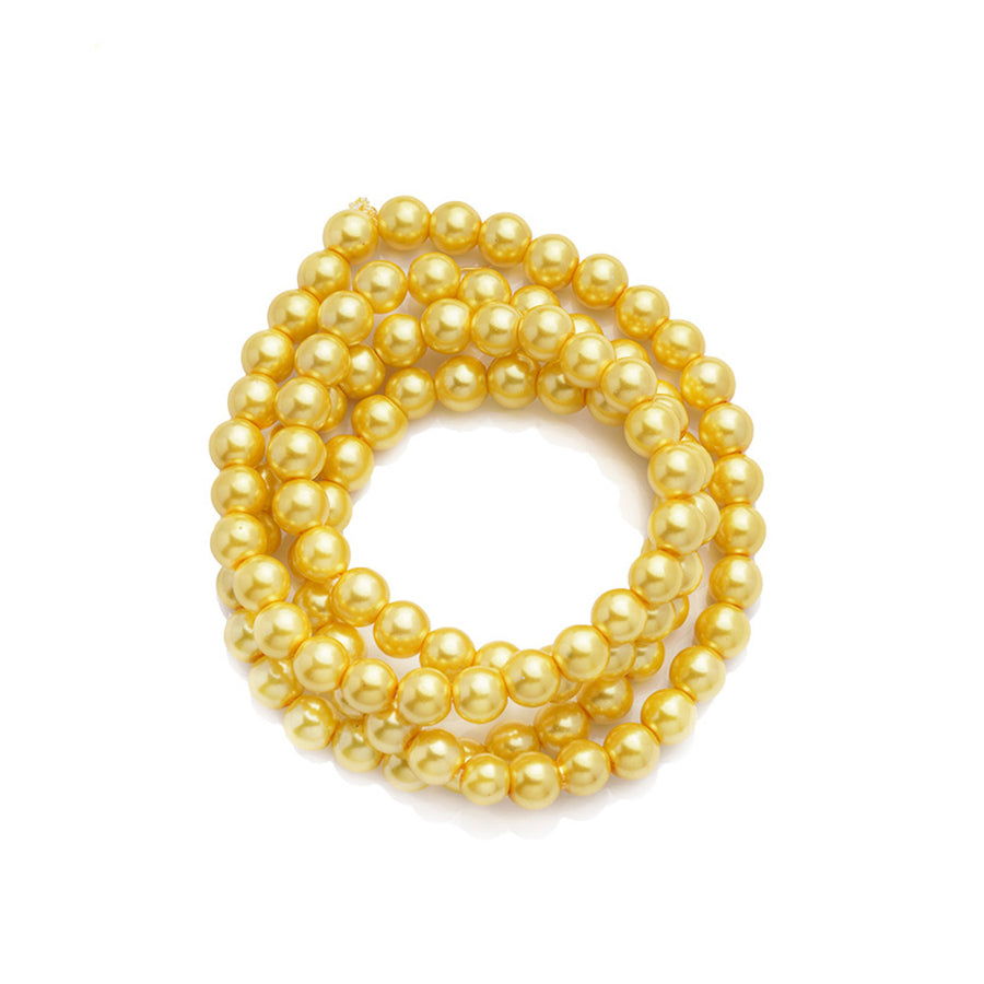 Glass pearl beads, round, golden canary yellow color pearls for jewelry making.