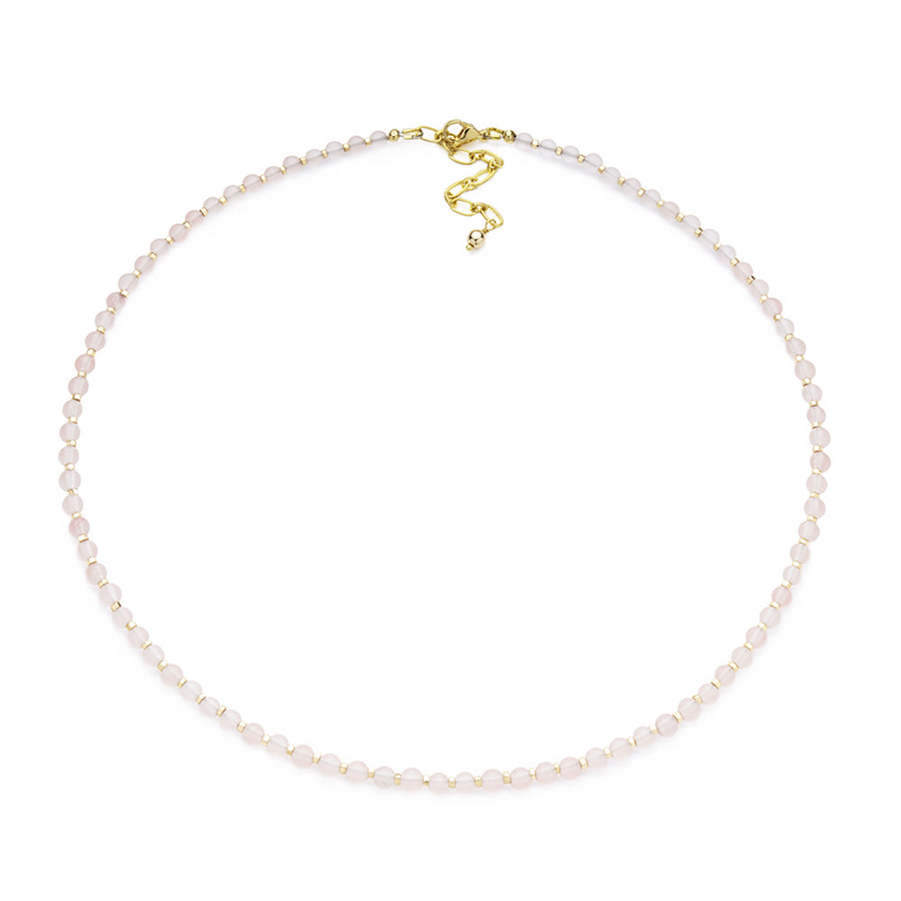  4mm Frosted Cherry Quartz beads and 2mm light gold plated Hematite disc beads, its delicate feminine and is sure to compliment your outfit. Hand strung with light gold  plated  jewelry findings and a 2" extender. 16" long necklace featuring matte soft pink beads complimented with light gold shine shine.  Size: 16" Inch Necklace with 2: Extender Featuring 4mm Gemstone beads and 2mm Spacers.  Material: Natural Cherry Quartz Gemstone, Gold plated Hematite and Alloy.