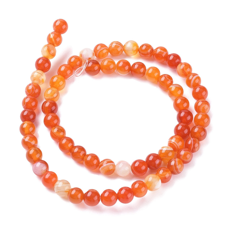 Coral Orange Striped Agate Beads, Round, Dyed, Orange Banded Agate. Semi-Precious Gemstone Beads for Jewelry Making.   Size: 6mm Diameter, Hole: 1mm; approx. 62pcs/strand, 14.5" Inches Long.  Material: Striped Banded Agate Beads Dyed Orange Color. Polished, Shinny Finish.