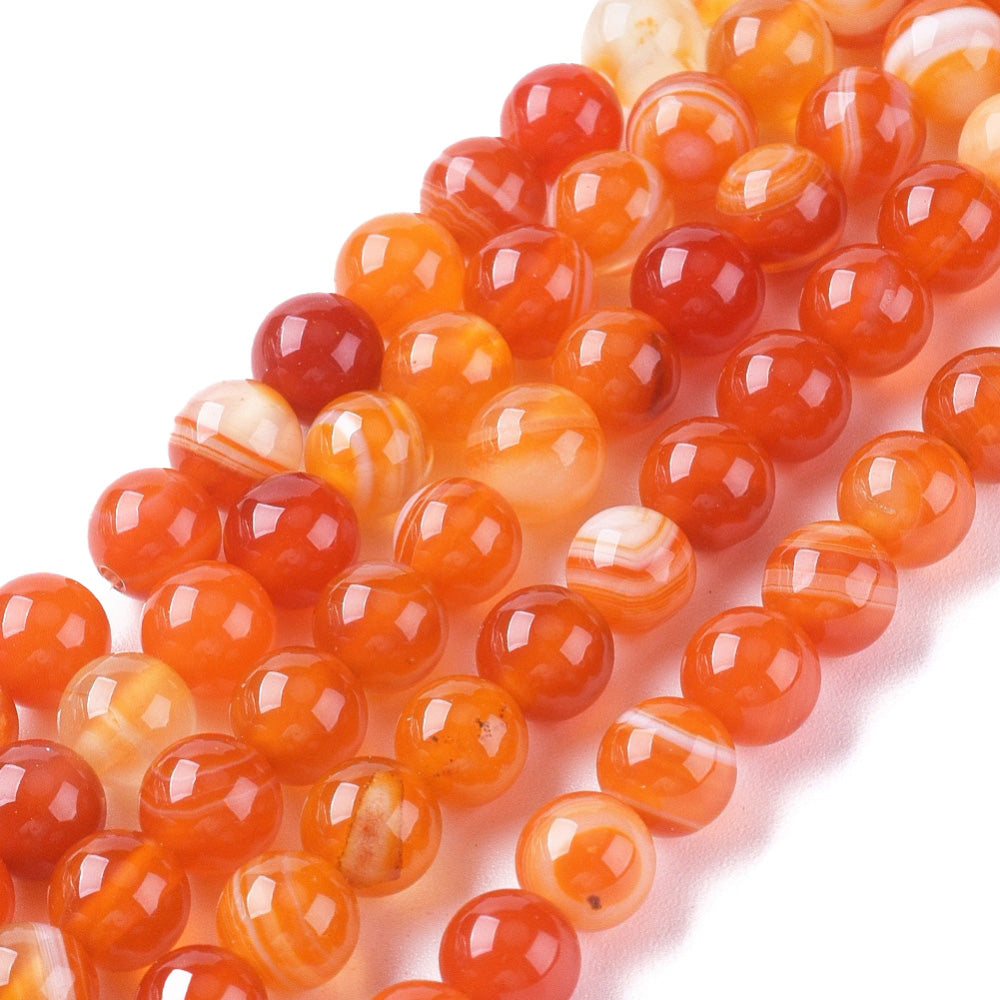 Coral Orange Striped Agate Beads, Round, Dyed, Orange Banded Agate. Semi-Precious Gemstone Beads for Jewelry Making.   Size: 6mm Diameter, Hole: 1mm; approx. 62pcs/strand, 14.5" Inches Long.  Material: Striped Banded Agate Beads Dyed Orange Color. Polished, Shinny Finish.