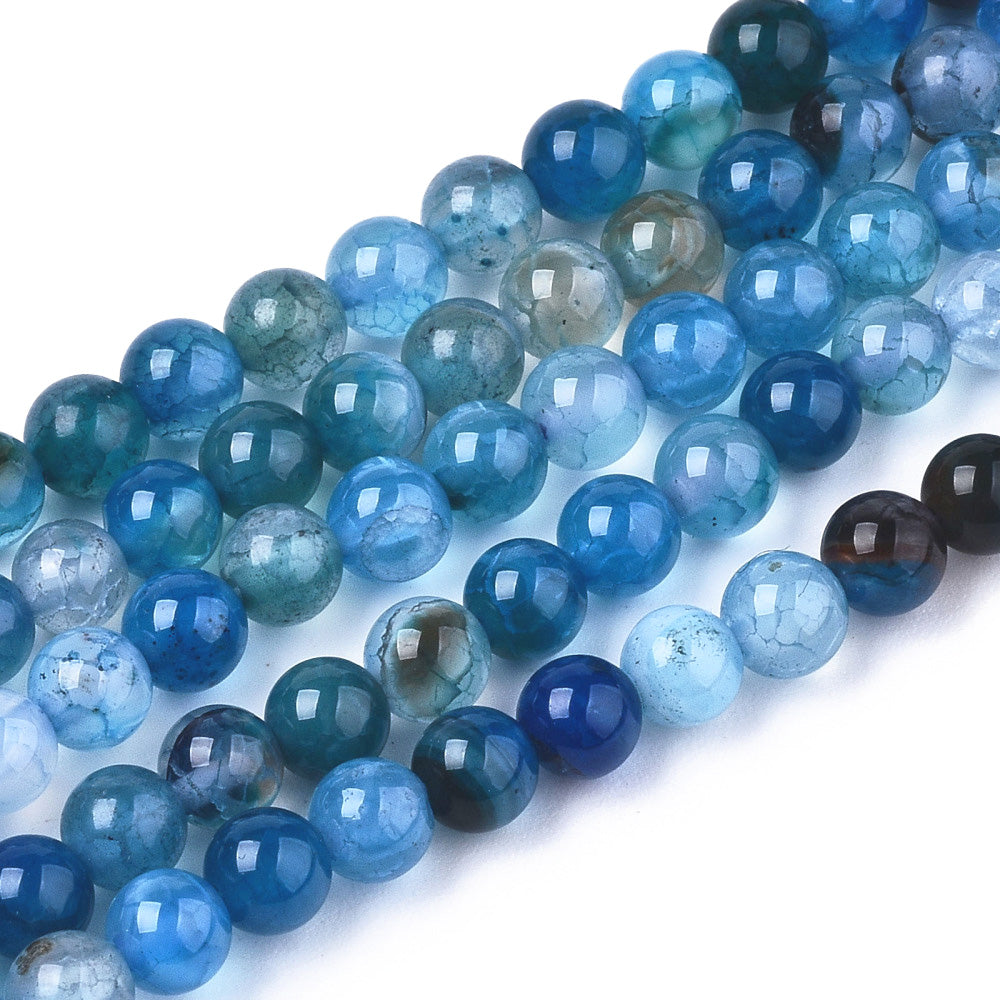 Crackle Agate Beads, Blue, Round, Natural Stone Beads. Semi-Precious Gemstone Beads for Jewelry Making.   Size: 4mm Diameter, Hole: 0.5mm; approx. 91-95pcs/strand, 14.5" Inches Long.  Material: Crackle Agate Beads, dyed Blue Color. Polished Finish.