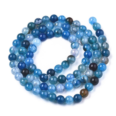 Crackle Agate Beads, Blue, Round, Natural Stone Beads. Semi-Precious Gemstone Beads for Jewelry Making.   Size: 4mm Diameter, Hole: 0.5mm; approx. 91-95pcs/strand, 14.5" Inches Long.  Material: Crackle Agate Beads, dyed Blue Color. Polished Finish.
