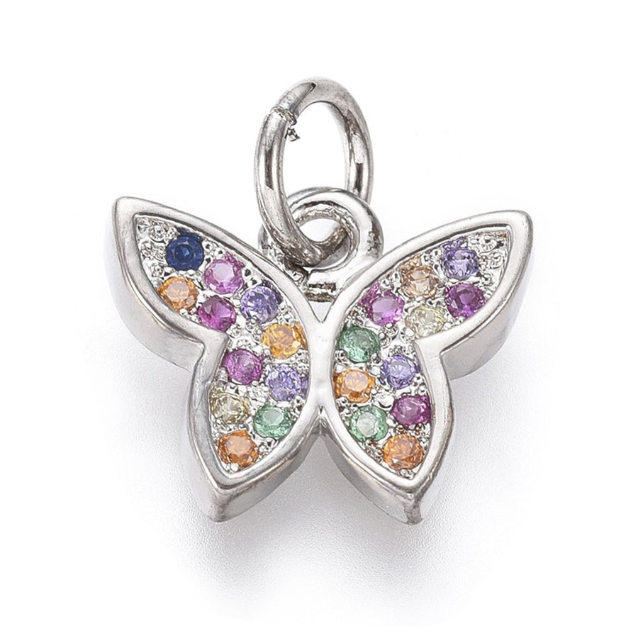 Brass Micro Pave Cubic Zirconia Butterfly Charm Beads. Platinum Silver Color Charm with Multi-Color Cubic Zirconia for DIY Jewelry Making.  Size: 9.5mm Length, 11mm Width, 2mm Thick, Hole: 1mm, Quantity: 1pcs/package.  Material: Colorful Cubic Zirconia Brass Micro Pave Butterfly Charm with Jump Ring. Platinum Silver Color. Colorful Sparkling Crystals. Shinny Finish. 