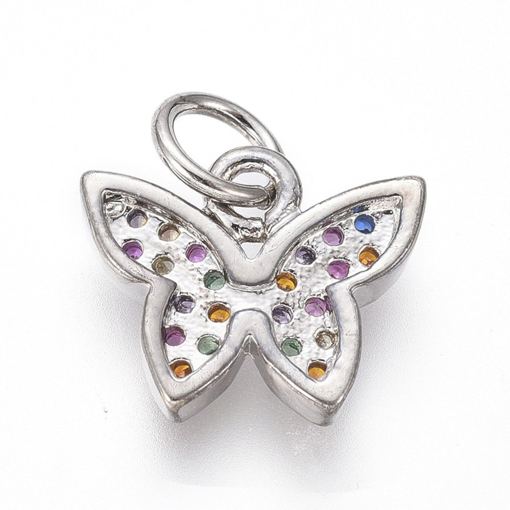 Brass Micro Pave Cubic Zirconia Butterfly Charm Beads. Platinum Silver Color Charm with Multi-Color Cubic Zirconia for DIY Jewelry Making.  Size: 9.5mm Length, 11mm Width, 2mm Thick, Hole: 1mm, Quantity: 1pcs/package.  Material: Colorful Cubic Zirconia Brass Micro Pave Butterfly Charm with Jump Ring. Platinum Silver Color. Colorful Sparkling Crystals. Shinny Finish. 