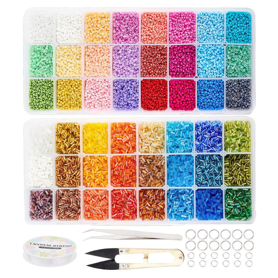 DIY Jewelry Making Kit with Mixed Color Seed Beads and Bugle Beads.  Kit Comes with 0.6mm Elastic Crystal Thread, 24 colors of 2mm Seed Beads and 24 Colors of 4-4.5mm Bugle Beads, 2 pcs Big Eye Needles, Stainless Steel Tweezers & Scissors and Jump Rings.