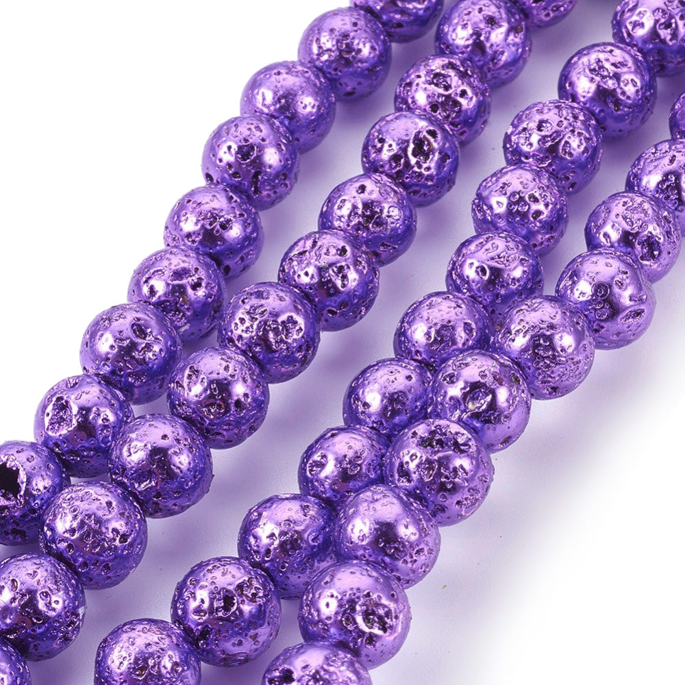 Purple Electroplated Lava Stone Beads, Round, Bumpy, Dark Orchid Purple Color Lava Beads for DIY Jewelry Making.  Size: 8-8.5mm Diameter, Hole: 1mm; approx. 45pcs/strand, 15" inches long.  Material: Electroplated Porous Lava Stone Beads, Purple color Bumpy, Round Beads.