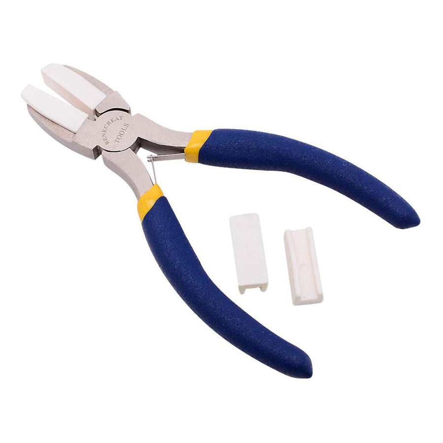 Double Nylon Jaw Pliers Flat Nose Pliers with Adhesive Jaws (with replacemnt nylon jaws) for DIY Jewelry Making Hobby Projects.  Package Include: 1pc nylon jaw plier, with adhesive nylon jaws. Blue in color  Non-slip ergonomics design blue PVC handle. Size : 5.5"/14cm long, tip width could be opened to 3"/7.8cm Great all-purpose wire tool, ideal for straightening, holding and bending wire into right angles, perfect tools for jewelry craft making.