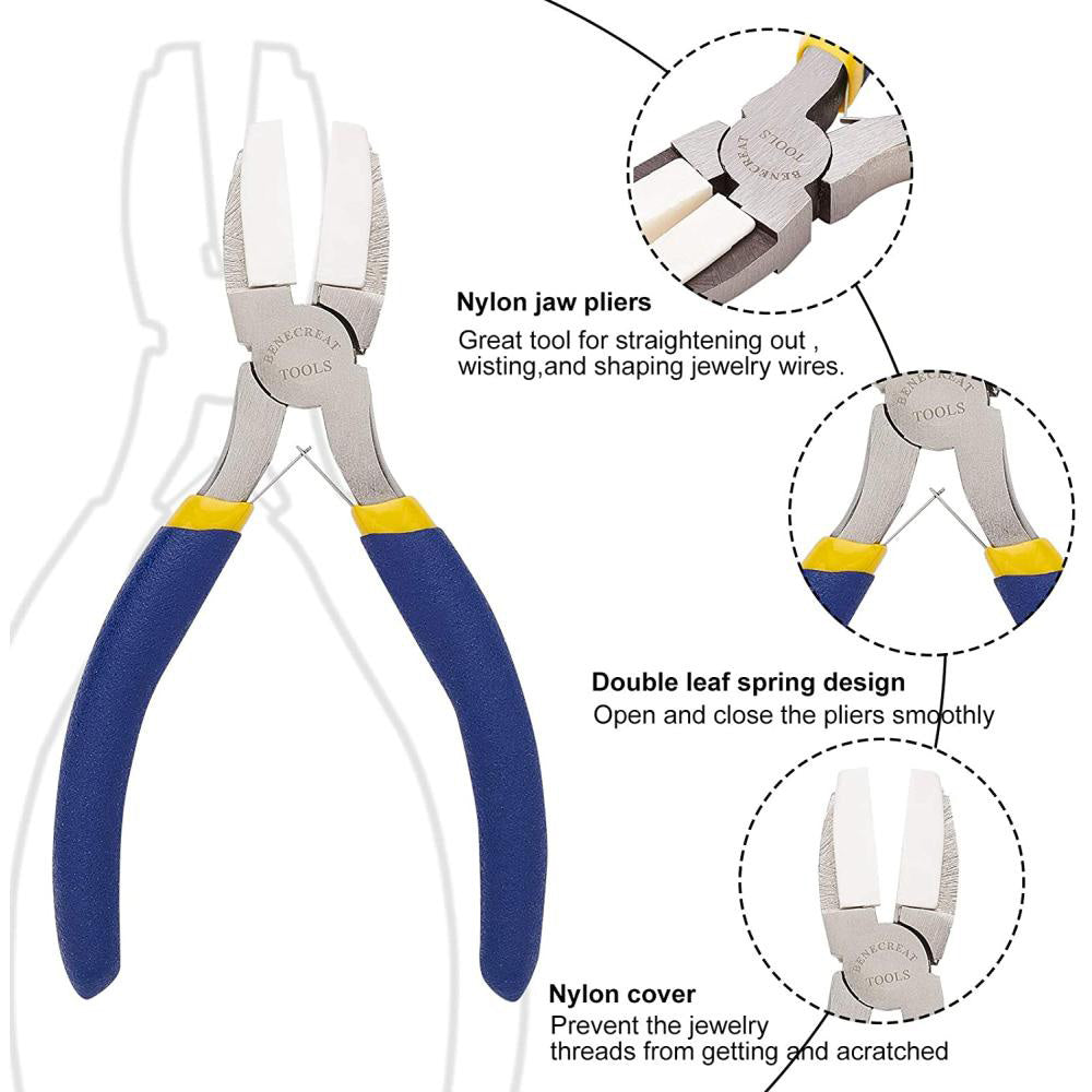Double Nylon Jaw Pliers Flat Nose Pliers with Adhesive Jaws (with replacemnt nylon jaws) for DIY Jewelry Making Hobby Projects.  Package Include: 1pc nylon jaw plier, with adhesive nylon jaws. Blue in color  Non-slip ergonomics design blue PVC handle. Size : 5.5"/14cm long, tip width could be opened to 3"/7.8cm Great all-purpose wire tool, ideal for straightening, holding and bending wire into right angles, perfect tools for jewelry craft making.