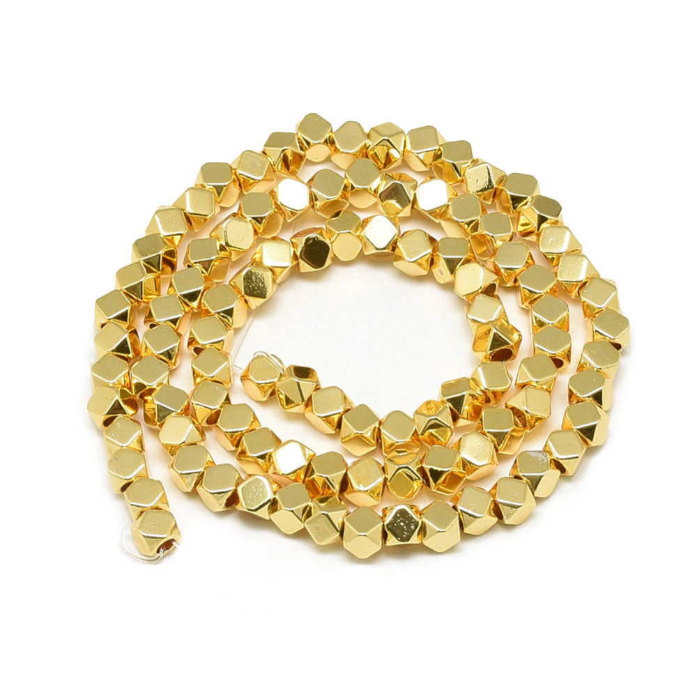Large Hole Gold Plated Hematite Spacer Beads. Gold Colored Electroplated Non-magnetic Hematite Beads for Jewelry Making.  Size: 4x4x4mm, Hole: 2mm; approx. 95pcs/strand, 15 inches long.  Material: Electroplated Non-Magnetic Synthetic Gold Plated Hematite Spacer Beads.  