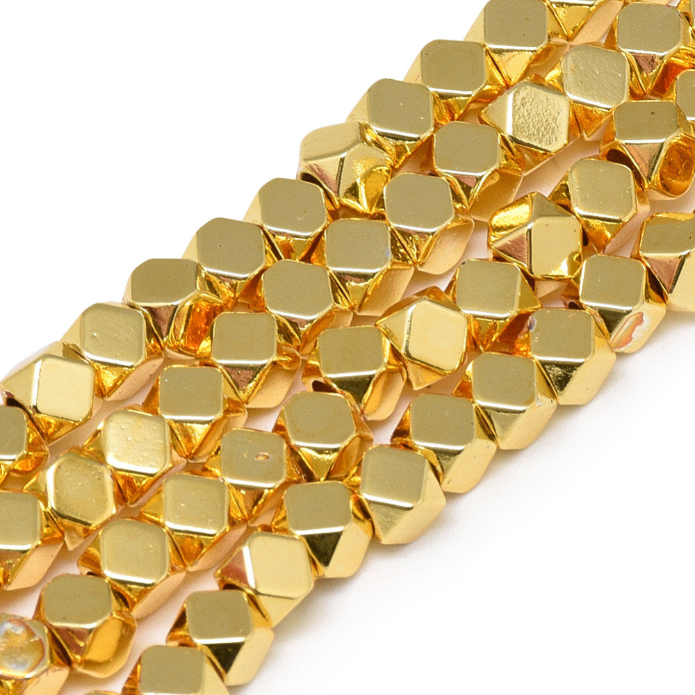 Large Hole Gold Plated Hematite Spacer Beads. Gold Colored Electroplated Non-magnetic Hematite Beads for Jewelry Making.  Size: 4x4x4mm, Hole: 2mm; approx. 95pcs/strand, 15 inches long.  Material: Electroplated Non-Magnetic Synthetic Gold Plated Hematite Spacer Beads.  