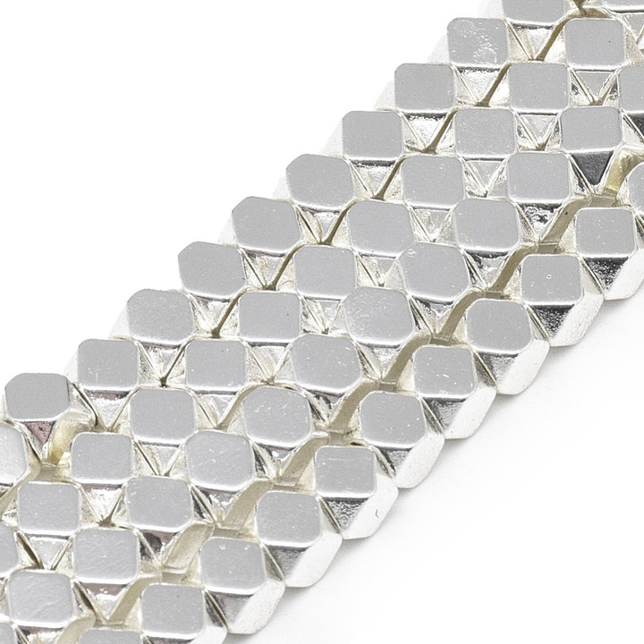 Large Hole Silver Plated Hematite Spacer Beads. Silver Colored Electroplated Non-magnetic Hematite Beads for Jewelry Making.  Size: 4x4x4mm, Hole: 2mm; approx. 95pcs/strand, 15 inches long.  Material: Electroplated Non-Magnetic Synthetic Silver Plated Hematite Spacer Beads.  