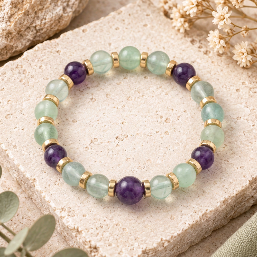 Amethyst &amp; Fluorite Beaded Gemstone Stretch Bracelet