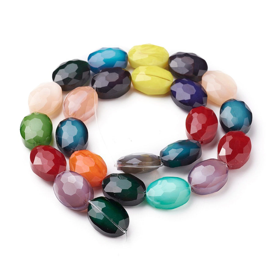 Mixed Color Faceted Glass Beads, Oval Shape, Crystal Multi-color. Faceted Focal Bead.  Size: 16mm Length, 12mm Width, 7mm Thick, , Hole: 1mm, approx. 20-24pcs/strand.  Material: Glass; Austrian Crystal Imitation.  Shape: Oval, Faceted  Color: Mixed Color, Random Assortment.  Usage: Focal Beads for DIY Jewelry Making.