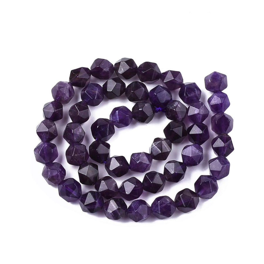 Let your imagination shine with these beautiful Amethyst Beads! Natural Faceted Gemstone Beads with a star cut and a polished, shinny finish, they make perfect accents to your jewelry designs. With each 14.5" strand boasting 37-39 beads at 10x9-10mm, you can make something truly special. Create with passion and let your jewelry designs sparkle!