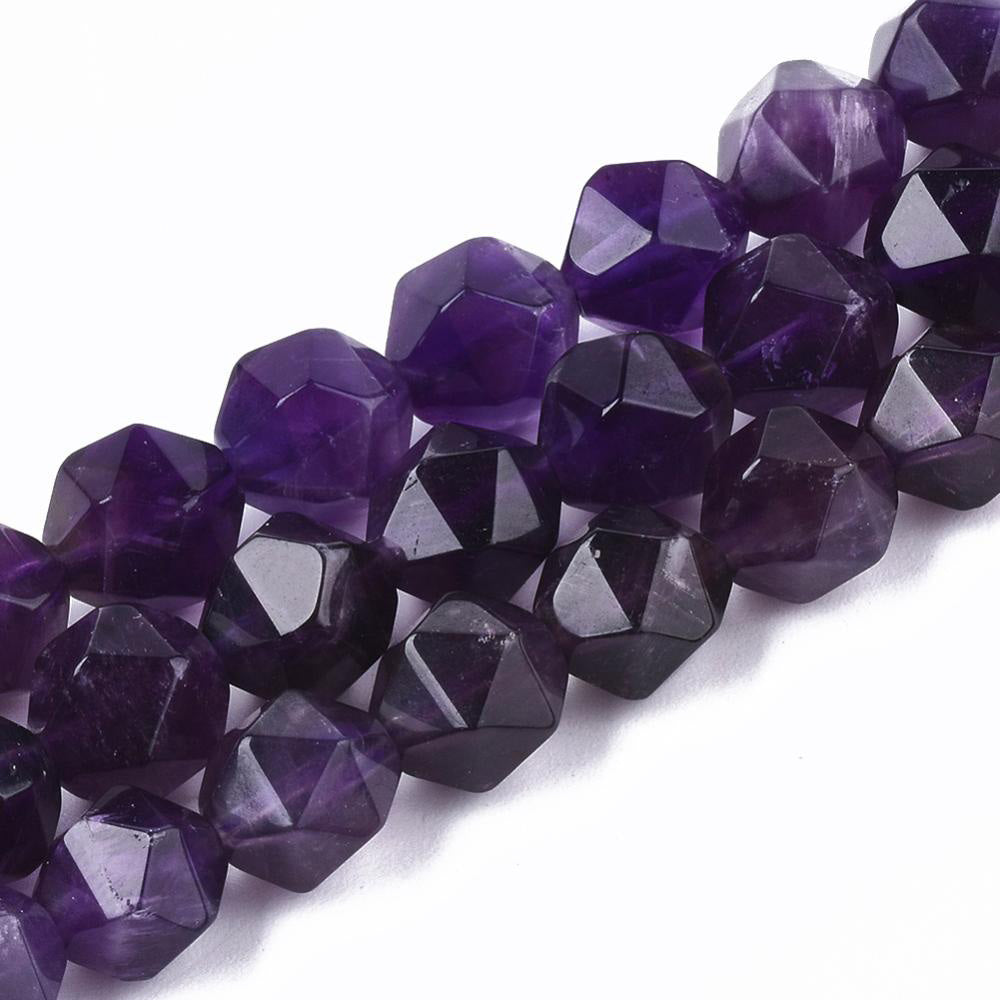 Let your imagination shine with these beautiful Amethyst Beads! Natural Faceted Gemstone Beads with a star cut and a polished, shinny finish, they make perfect accents to your jewelry designs. With each 14.5" strand boasting 37-39 beads at 10x9-10mm, you can make something truly special. Create with passion and let your jewelry designs sparkle!