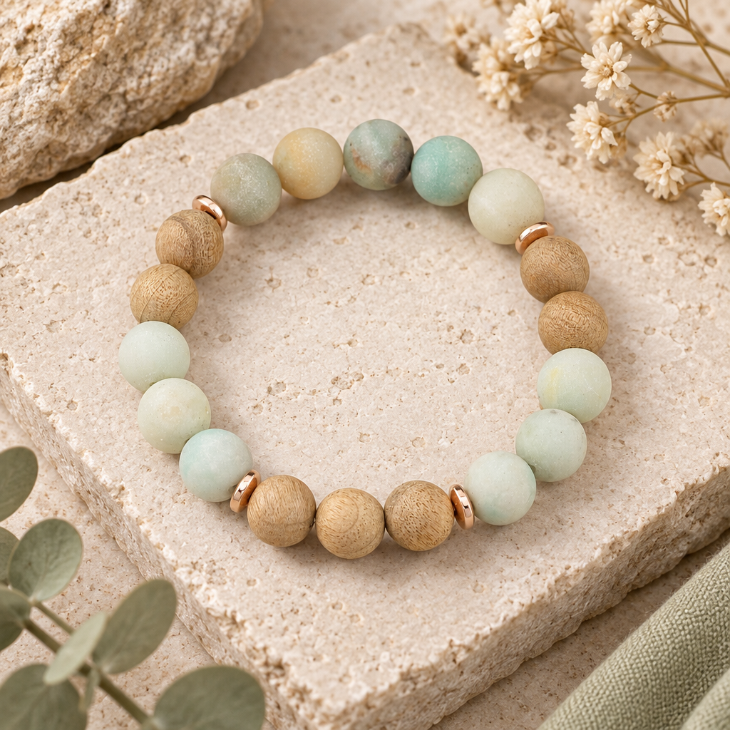 The Amazonite Burlywood Bracelet is a calming gemstone and wood bracelet designed to inspire balance, inner peace, and the fresh energy of spring.