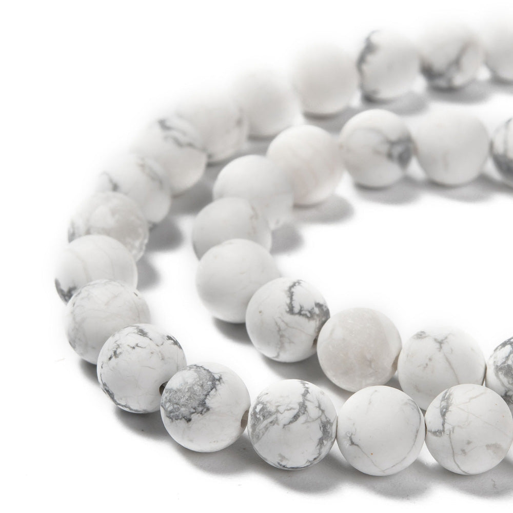 Frosted White Howlite Beads, Round. Matte Semi-precious Gemstone Howlite Beads for DIY Jewelry Making.   Sizes:  10mm Diameter; Hole: 1mm, approx. 36-37pcs/ strand 14" Inches Long.  8mm Diameter, Hole: 1mm, approx. 45-48pcs/strand, 14" Inches Long.  6mm Diameter, Hole:  0.8mm, approx. 58-60pcs/strand, 14" Inches Long.  4mm Diameter, Hole: 0.8mm, approx. 82-85pcs/strand 14" Inches Long  Material: Unpolished White Howlite; Frosted Stone Beads. White Color. Matte Finish. 