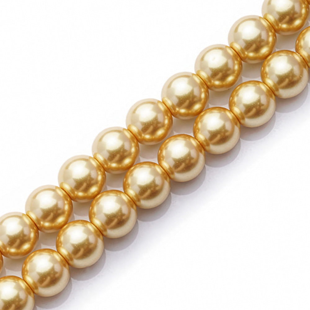 Glass pearl beads, round, golden mustard yellow color pearls for jewelry making.