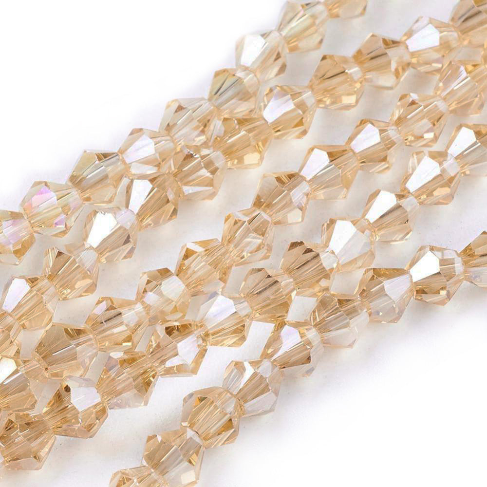 AB Color Plated Glass Beads, Faceted, Goldenrod Color, Bicone, Crystal Beads for Jewelry Making.

Size: 4mm Length, 4mm Width, Hole: 1mm; approx. 92pcs/strand, 13.75" inches long.

Material: Electroplated, AB Color Plated Austrian Crystal Imitation Glass Crystal Beads, Bicone, Goldenrod Yellow Colored Beads. Polished, Shinny Finish.&nbsp;
