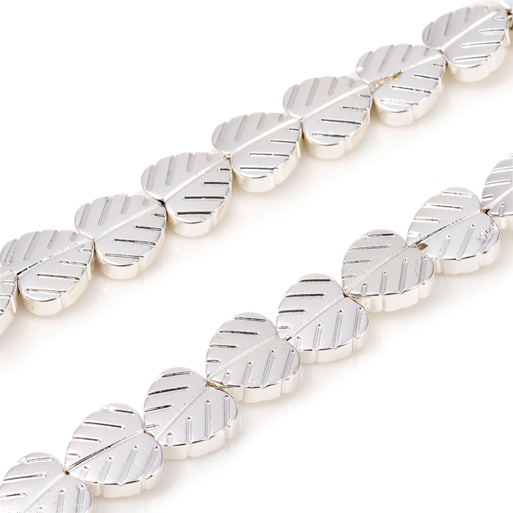 Electroplated Non-Magnetic Hematite Leaf Beads, Metallic Silver Color. Semi-Precious Stone Beads for Jewelry Making.   Size: 8mm Length, 8mm Width, 2.5mm Thick, Hole: 1mm, approx. 52-55pcs/strand, 15.5" Inches Long.  Material: Leaf Shaped Non-Magnetic Synthetic Hematite Beads. Silver Color. Polished, Shinny Metallic Lustrous Finish. 