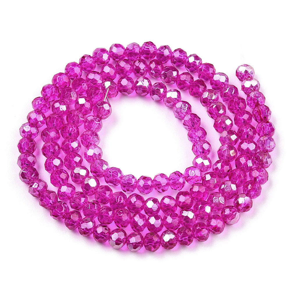 Glass Crystal Beads, Faceted, Rondelle, Hot Pink Color, Crystal Beads for Jewelry Making.

Size: 4mm Length, 3mm Width, Hole: 0.9mm; approx. 100pcs/strand, 15.5" inches long.

Material: Electroplated&amp;nbsp;Glass Crystal Beads, Rondelle, Fuchsia Pink Color. Sparkling Finish.