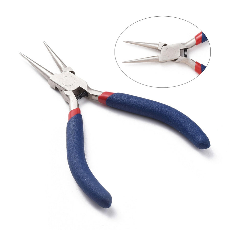 Ferronickel Platinum Round Nose Jewelry Pliers for DIY Jewelry Making Projects.  Size: 85mm wide, 125mm long, 10mm thick, nose pliers opening width: 21mm.  Material: Carbon Steel Pliers, Ferronickel, Platinum, Midnight Blue Color.  Use: These Pliers are used for Jewelry Making, Wire Wrapping. They can be used to close loops, or to make eye pins, etc.