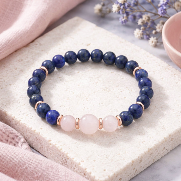 Lapis Lazuli &amp; Rose Quartz Bracelet, Rose Gold Bracelet