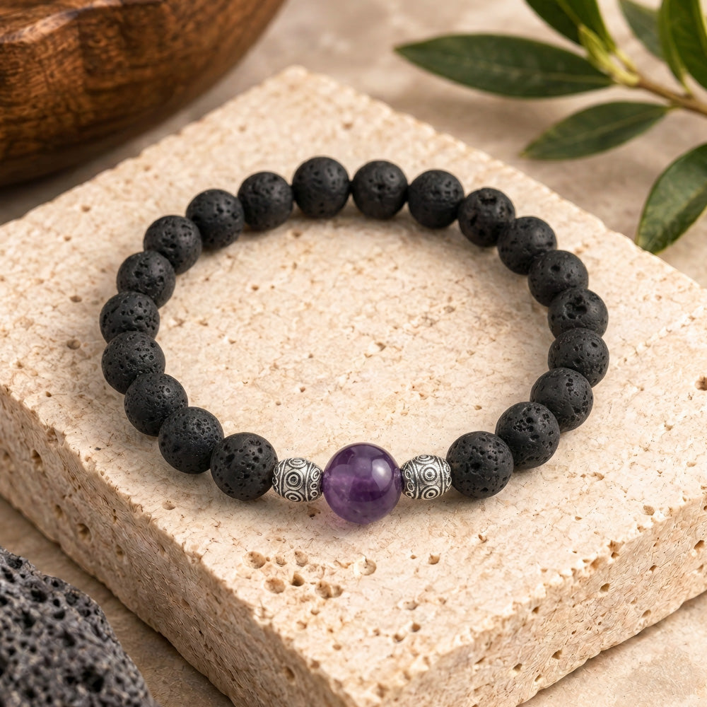 This beaded gemstone charm bracelet features; 10mm round Amethyst &amp; 8mm round Lava Rock natural stone beads.&nbsp;