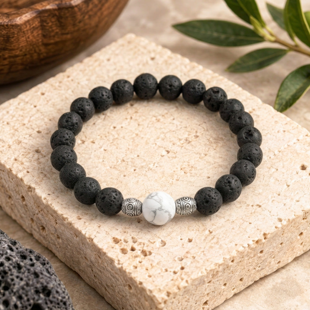 White Howlite &amp; Lava Rock Stretch Bracelet