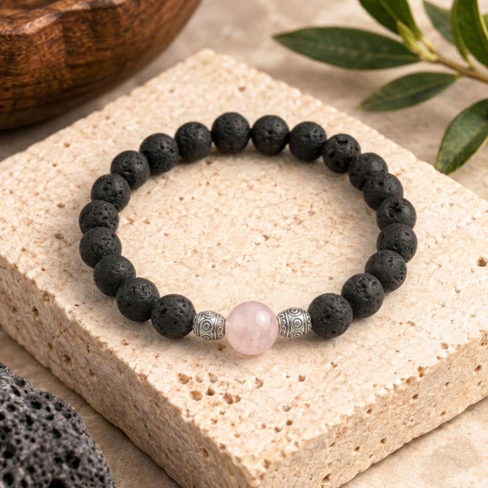 Rose Quartz &amp; Lava Rock Stretch Bracelet