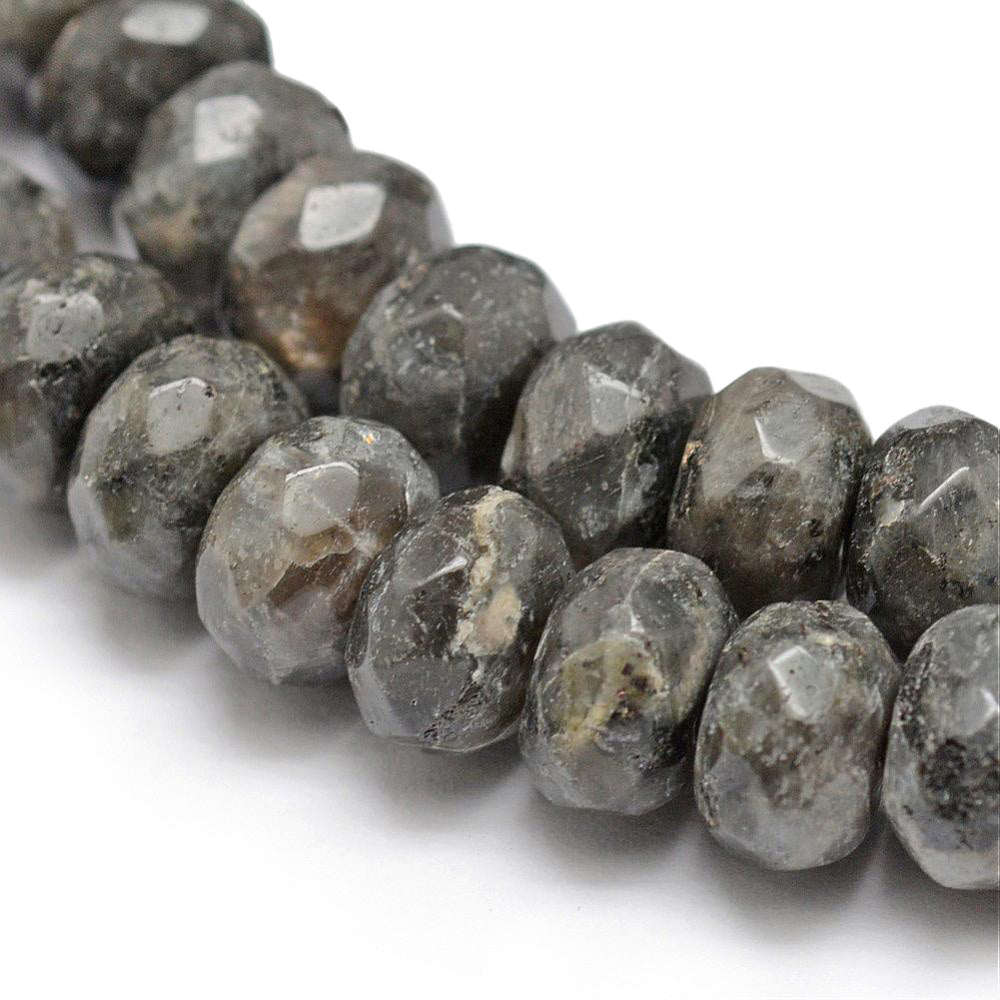 Natural Black Labradorite Stone Beads, Faceted, Rondelle, Black Grey Color. Semi-Precious Gemstone Beads for DIY Jewelry Making.   Size: 8mm Diameter, 5mm Width, Hole: 1mm; approx. 72pcs/strand, 15" Inches Long.  Material: Natural Labradorite Stone Beads. Faceted, Rondelle Shape, Gray Black Color. Shinny, Polished Finish. 