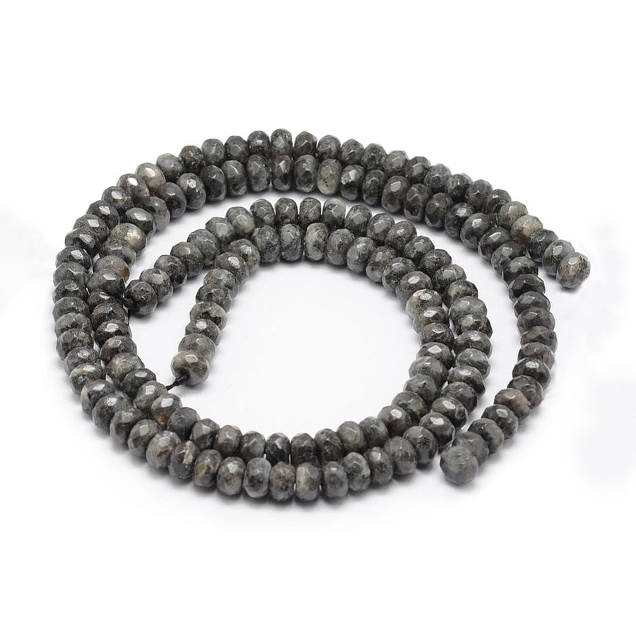 Natural Black Labradorite Stone Beads, Faceted, Rondelle, Black Grey Color. Semi-Precious Gemstone Beads for DIY Jewelry Making.   Size: 8mm Diameter, 5mm Width, Hole: 1mm; approx. 72pcs/strand, 15" Inches Long.  Material: Natural Labradorite Stone Beads. Faceted, Rondelle Shape, Gray Black Color. Shinny, Polished Finish. 