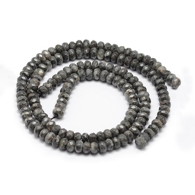 Natural Black Labradorite Stone Beads, Faceted, Rondelle, Black Grey Color. Semi-Precious Gemstone Beads for DIY Jewelry Making.   Size: 8mm Diameter, 5mm Width, Hole: 1mm; approx. 72pcs/strand, 15" Inches Long.  Material: Natural Labradorite Stone Beads. Faceted, Rondelle Shape, Gray Black Color. Shinny, Polished Finish. 