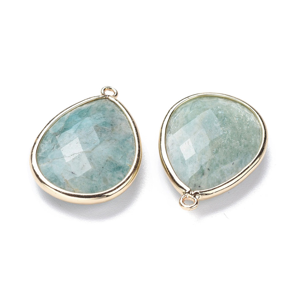 Natural Amazonite Faceted Teardrop Gemstone Pendants, Green Blue Color. Semi-precious Gemstone Pendant for DIY Jewelry Making. Gorgeous Centre piece for Necklaces.   Size: 28-29.5mm Length, 19-20mm Width, 7mm Thick, Hole: 1.22mm, Qty: 1pcs/package.  Material: Genuine Amazonite Stone Pendant, Light Gold Plated Brass Findings. Tear Drop Shaped Stone Pendants. Shinny, Polished Finish. 