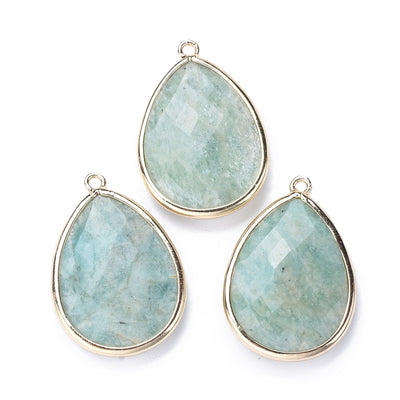 Natural Amazonite Faceted Teardrop Gemstone Pendants, Green Blue Color. Semi-precious Gemstone Pendant for DIY Jewelry Making. Gorgeous Centre piece for Necklaces.   Size: 28-29.5mm Length, 19-20mm Width, 7mm Thick, Hole: 1.22mm, Qty: 1pcs/package.  Material: Genuine Amazonite Stone Pendant, Light Gold Plated Brass Findings. Tear Drop Shaped Stone Pendants. Shinny, Polished Finish. 