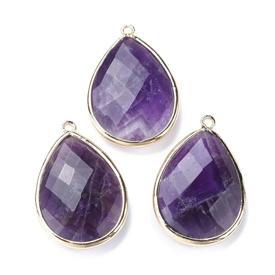 Natural Amethyst Faceted Teardrop Gemstone Pendants, Purple Color. Semi-precious Gemstone Pendant for DIY Jewelry Making. Gorgeous Centre piece for Necklaces.   Size: 28-29.5mm Length, 19-20mm Width, 7mm Thick, Hole: 1.22mm, Qty: 1pcs/package.  Material: Genuine Amethyst Stone Pendant, Light Gold Plated Brass Findings. Tear Drop Shaped Stone Pendants. Shinny, Polished Finish. 